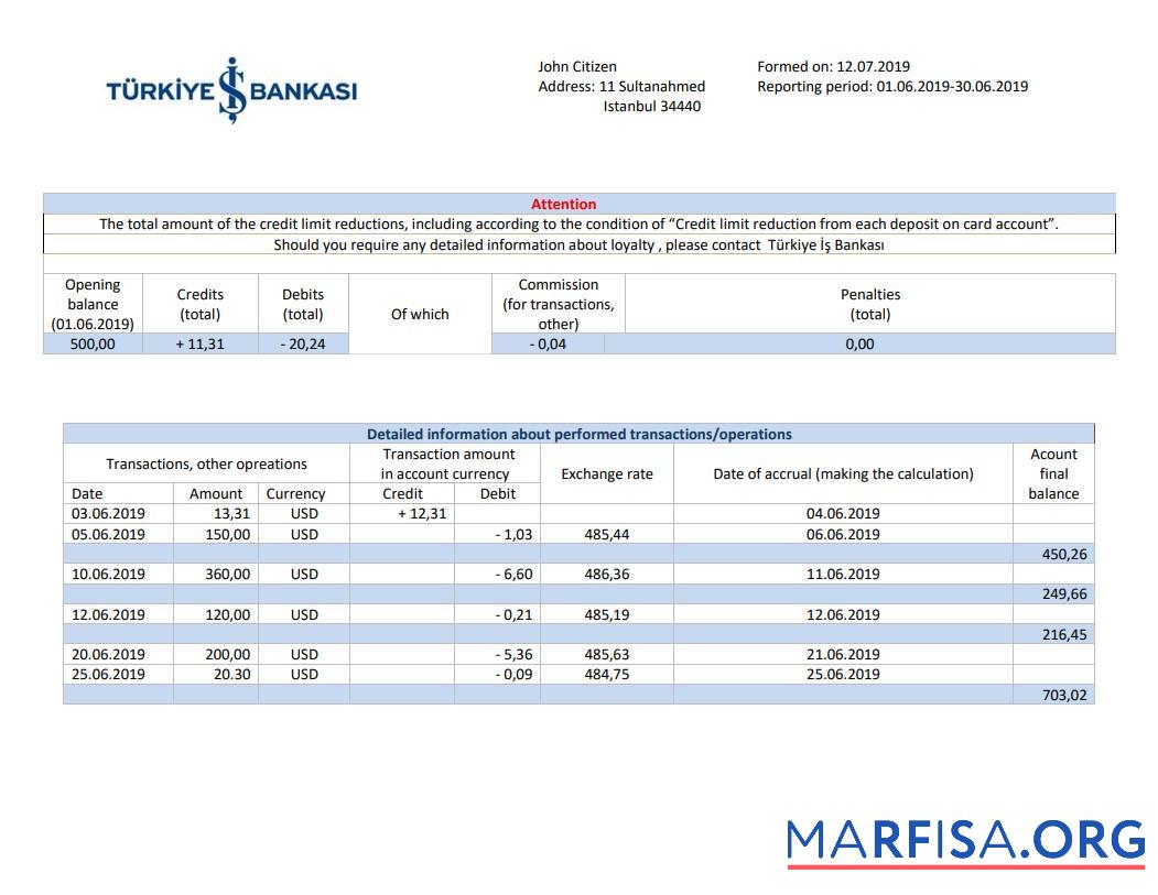 Realistic Turkey Bankasi bank proof of address statement word download for verification
